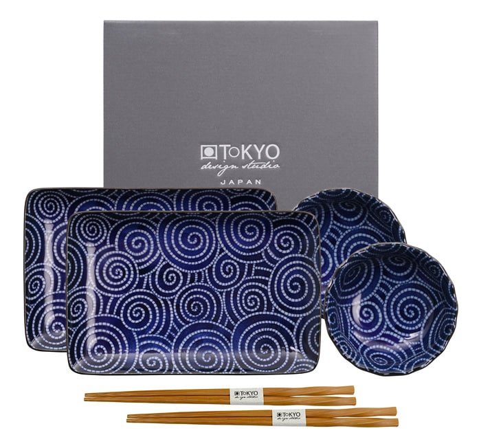 Blauw/Witte Sushi Bordenset met Eetstokjes - Kotobuki - Set van 6 Stuks - 21 x 13.5cm & 9.5 x 3cm