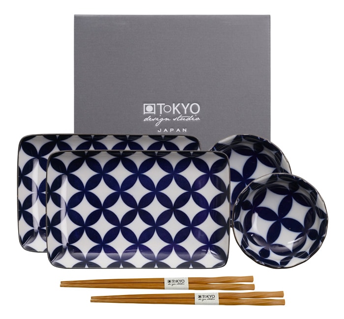 Blauw/Witte Sushi Bordenset met Eetstokjes - Kotobuki - Set van 6 Stuks - 21 x 13.5cm & 9.5 x 3cm