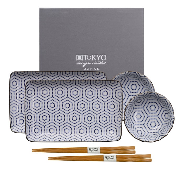 Blauw/Witte Sushi Bordenset met Eetstokjes - Kotobuki - Set van 6 Stuks - 21 x 13.5cm & 9.5 x 3cm
