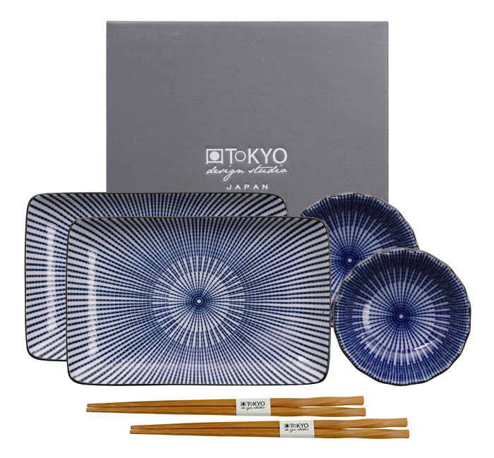 Blauw/Witte Sushi Bordenset met Eetstokjes - Kotobuki - Set van 6 Stuks - 21 x 13.5cm & 9.5 x 3cm