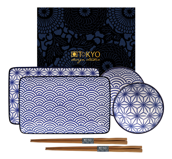 Tokyo Design Studio - Nippon Blue - sushi borden set - Golven/Ster - 21 x 13.5 & 9.5 x 3cm