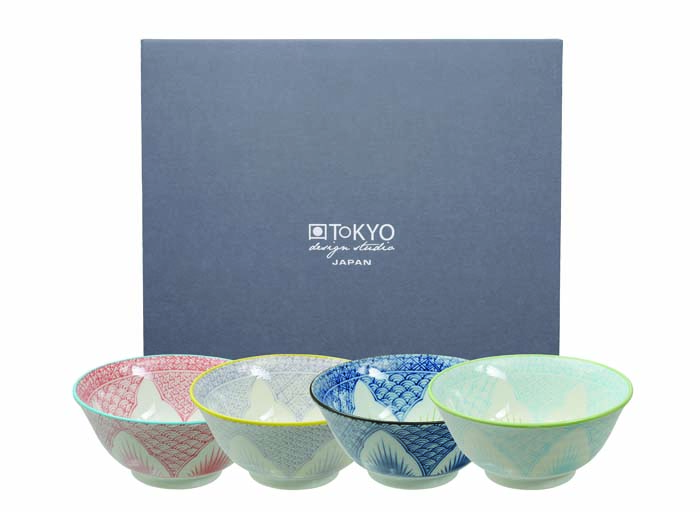 Blauw/Witte Kommenset - Mixed Bowls - Set van 4 stuks - 15 x 6,8cm 500ml