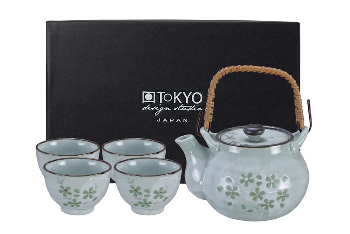 Mintgroene Theeset met theepot en 4 kopjes - Green Cosmos - 16 x 14 x 11cm 700ml