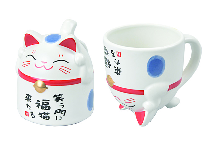 Wit/Rood/Blauwe beker – Lucky Cats – 8.5 x 9.8cm 350ml