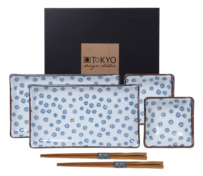 Blauw/Witte Sushi bordenset met Eetstokjes - Set van 6 stuks - 21 x 13.5cm + 8 x 3cm