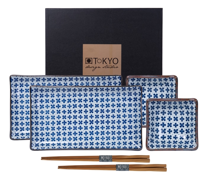 Blauw/Witte Sushi bordenset met Eetstokjes - Set van 6 stuks - 21 x 13.5cm + 8 x 3cm