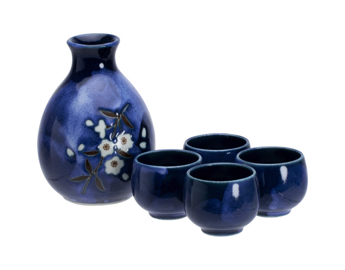Blauw/Witte Sake Set - Blue Sakura - 3.7x12cm 290ml + 50ml