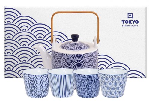 Tokyo Design Studio - Nippon Blue - Thee Set Punten - 12x13cm 0.8lt - met 4 Cups Lines-Star-Dots-Wave