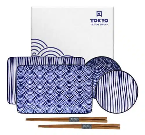 Tokyo Design Studio - Nippon Blue - Sushi borden set met eetstokjes - 21x13.5cm & 9.5x3cm - 4pcs - Lines/Dots