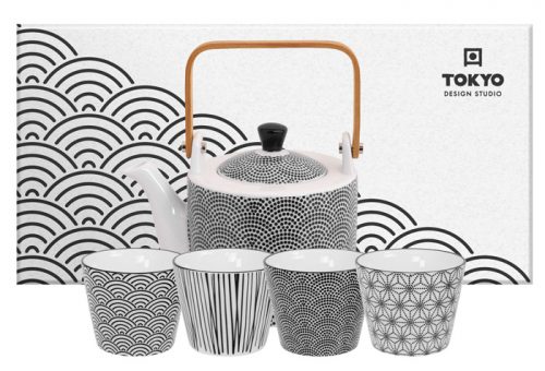 Tokyo Design Studio - Nippon Black - Theeset punten - 12 x 13cm 0.8lt - met 4 bekers Lijnen-Sterren-Punten-Golven