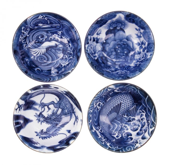 Tokyo Design Studio - Japonism - Rijstkommen set - Blauw - Set van 4 - 12.7x6.8cm