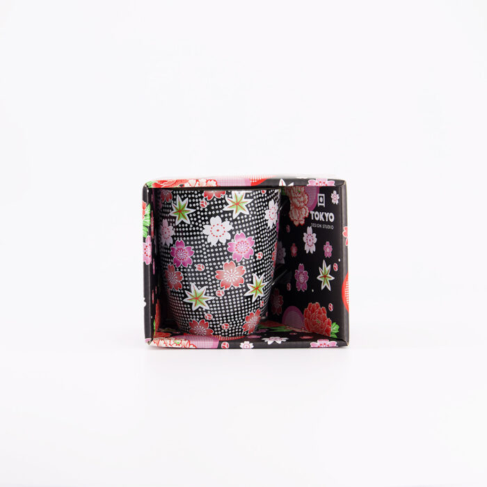 Tokyo Design Studio -Kawaii - Bloemen Mok Met Giftbox- Zwart 8.5x10.2cm 300ml