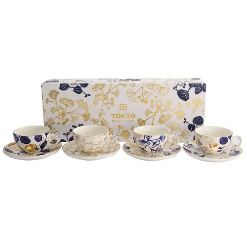 Tokyo Design Studio - Flora Japonica Gold - Set with Cups and Saucers - 4 Different Designs - 100ml