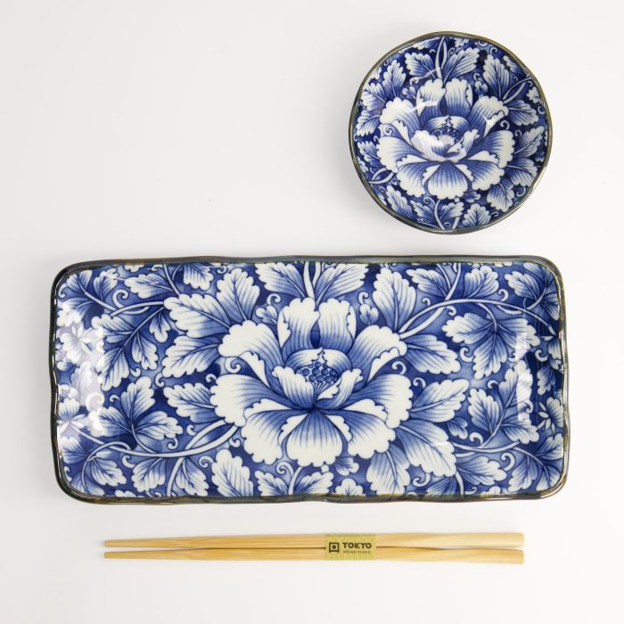 Tokyo Design Studio - Dami Botan - Twee delige bordenset - Blauw/Wit - 11x4cm & 28x13cm - Afbeelding 2