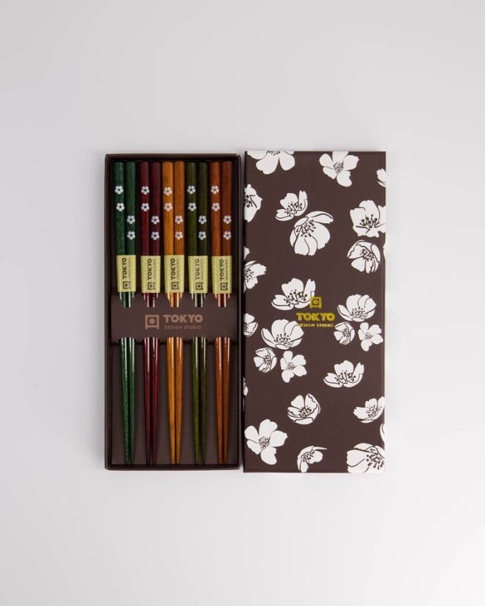 Tokyo Design Studio - Chopstick - Cadeauset/5 - Houten - Zwart - Witte Bloem