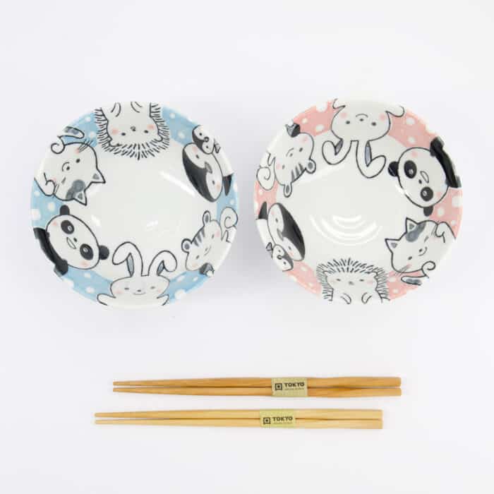 Tokyo Design Studio - Kawaii - Dieren - Tayo Kom Giftset - 2 stuks met eetstokjes - 15.2x6.7cm - 500ml - Blauw/Roze - Afbeelding 4