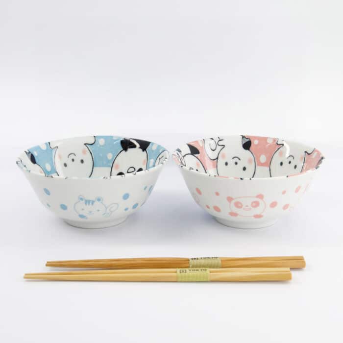 Tokyo Design Studio - Kawaii - Dieren - Tayo Kom Giftset - 2 stuks met eetstokjes - 15.2x6.7cm - 500ml - Blauw/Roze - Afbeelding 6