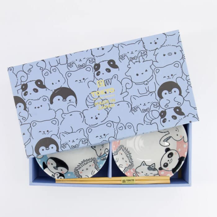 Tokyo Design Studio - Kawaii - Dieren - Tayo Kom Giftset - 2 stuks met eetstokjes - 15.2x6.7cm - 500ml - Blauw/Roze - Afbeelding 7