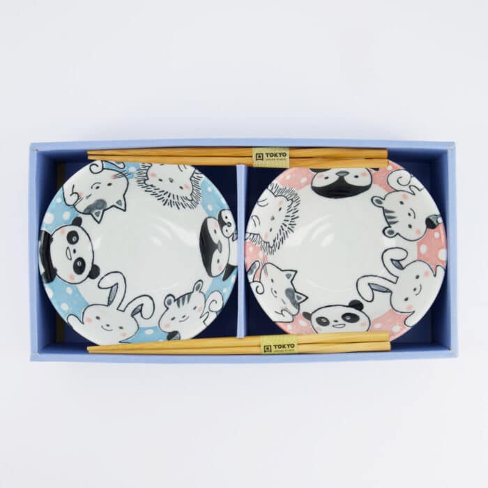 Tokyo Design Studio - Kawaii - Dieren - Tayo Kom Giftset - 2 stuks met eetstokjes - 15.2x6.7cm - 500ml - Blauw/Roze - Afbeelding 3
