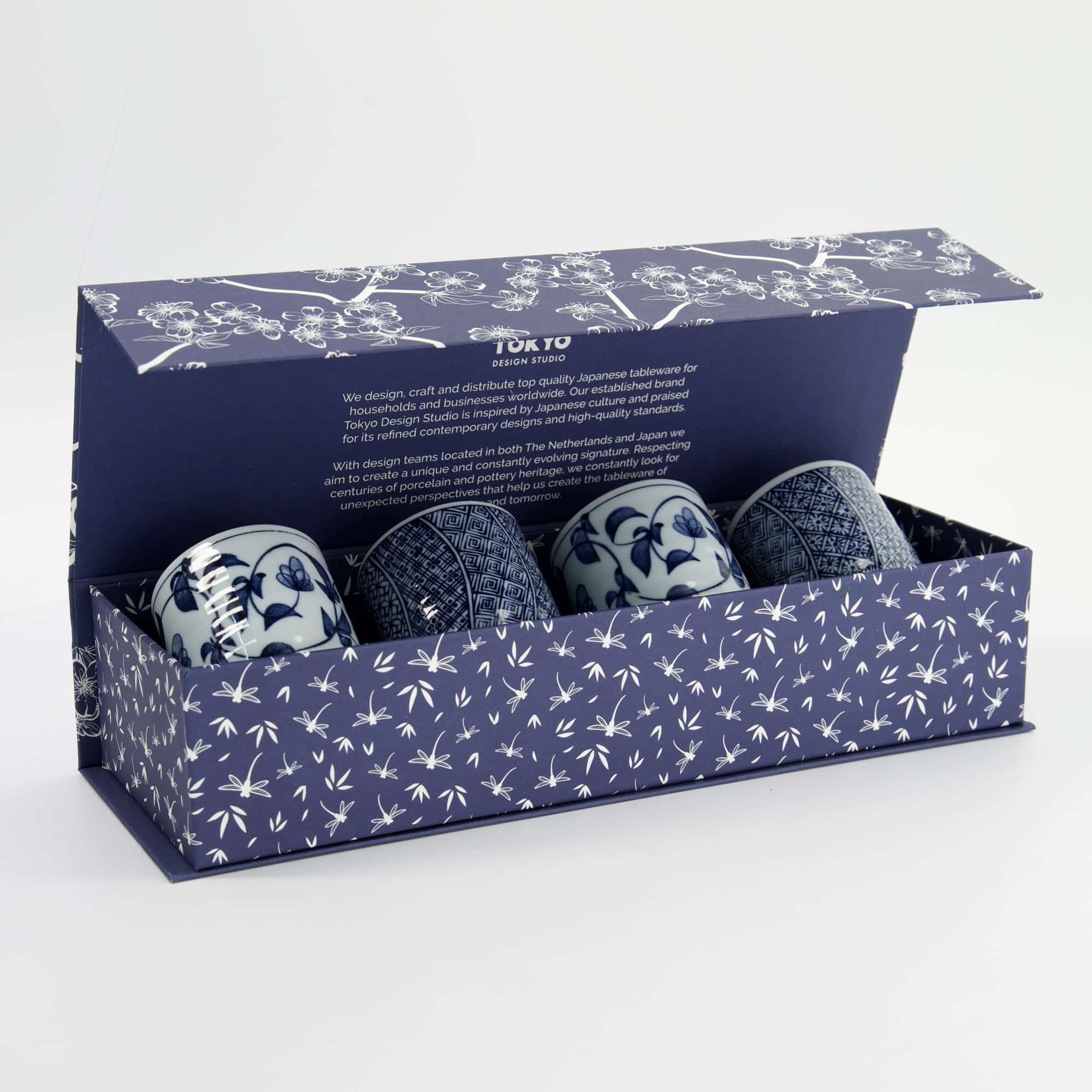 Tokyo Design Studio - Bekerset Cadeau - 4 Paar - Blauw/Wit - 160ml - 6.5x7.5cm