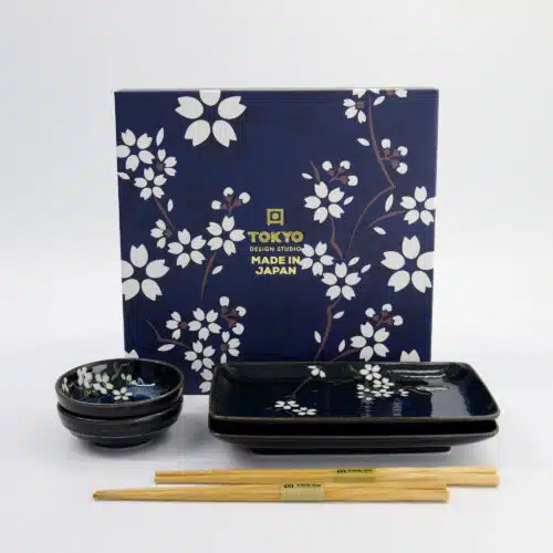 Tokyo Design Studio - Cobalt Blue Sakura - 6-delige Sushi Cadeauset - 20,5x13,2x2,5cm & 9,5x3cm