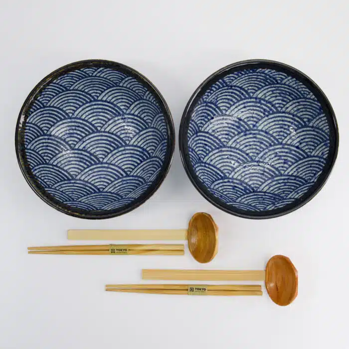 Tokyo Design Studio - Aisai Seigaiha - Ramen Kommen Giftset - 6-delig - Blauw - 21.5x9cm - 1300ml - Afbeelding 2