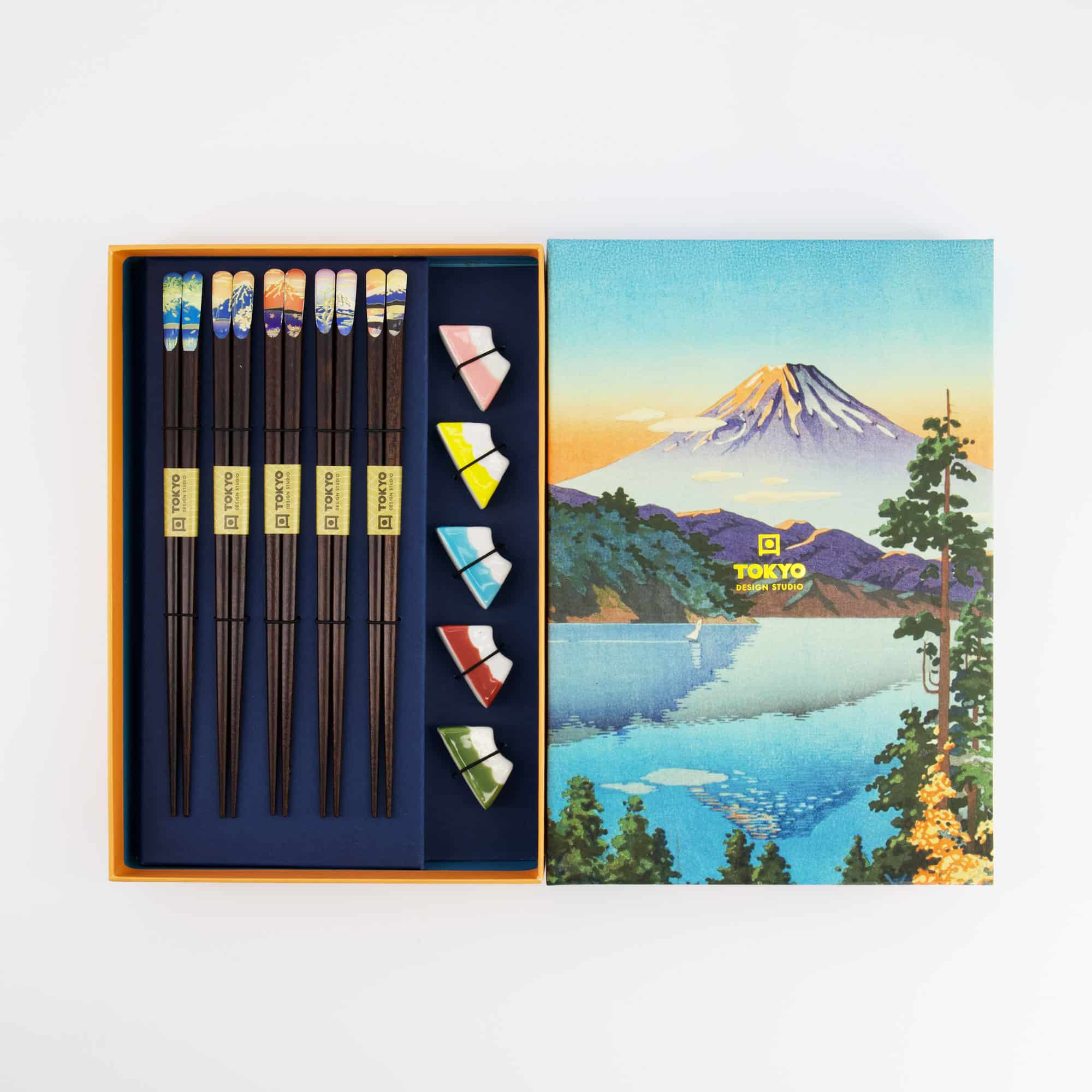 Tokyo Design Studio - Fuji Mountain - Chopstick Giftset met stokjeshouders - Blauw - 5-delig - Afbeelding 3