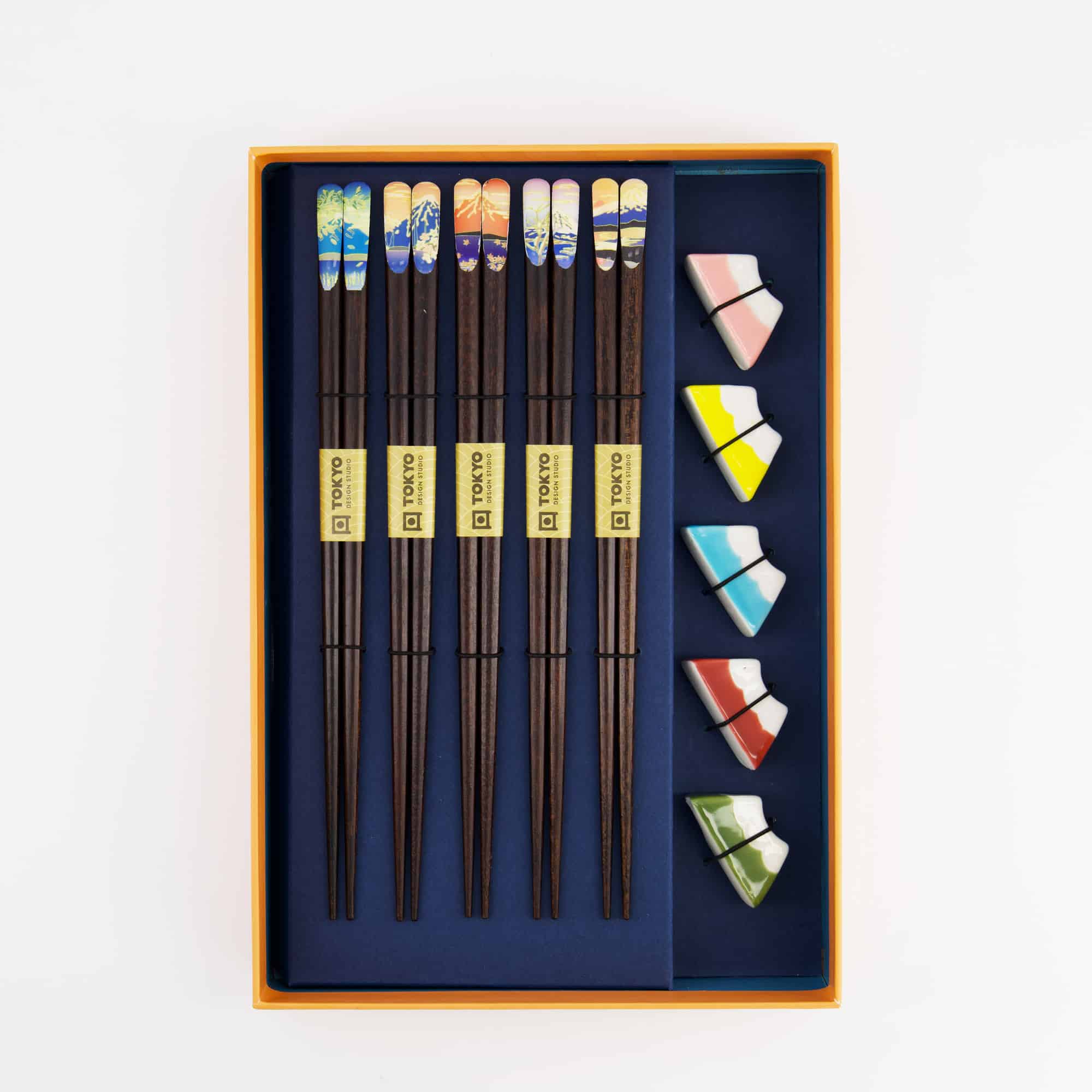Tokyo Design Studio - Fuji Mountain - Chopstick Giftset met stokjeshouders - Blauw - 5-delig - Afbeelding 2