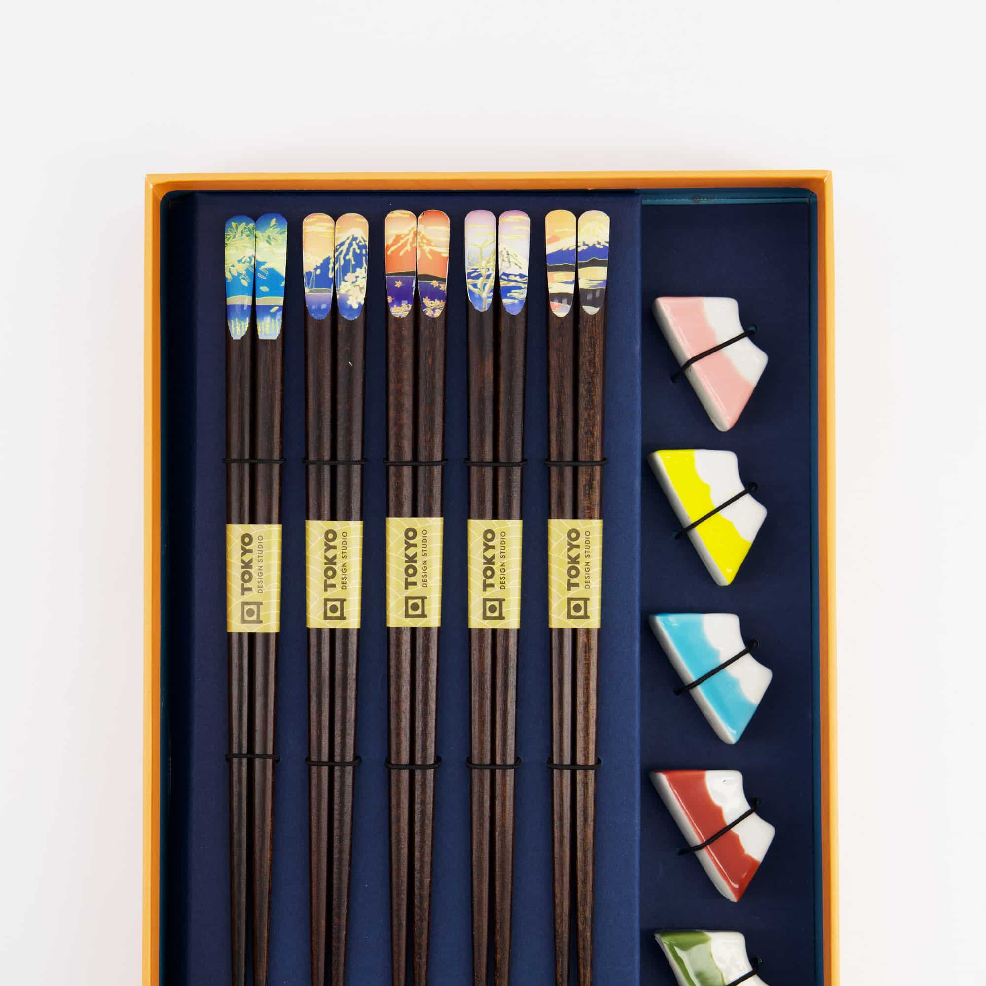 Tokyo Design Studio - Fuji Mountain - Chopstick Giftset met stokjeshouders - Blauw - 5-delig - Afbeelding 4